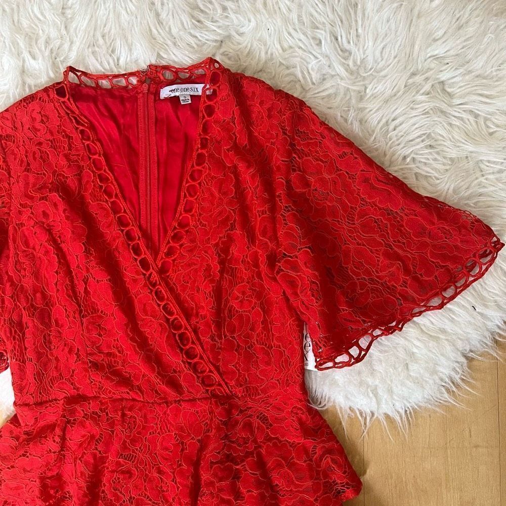 Chic Red Lace Ruffle Mini Dress - Picture 5 of 13
